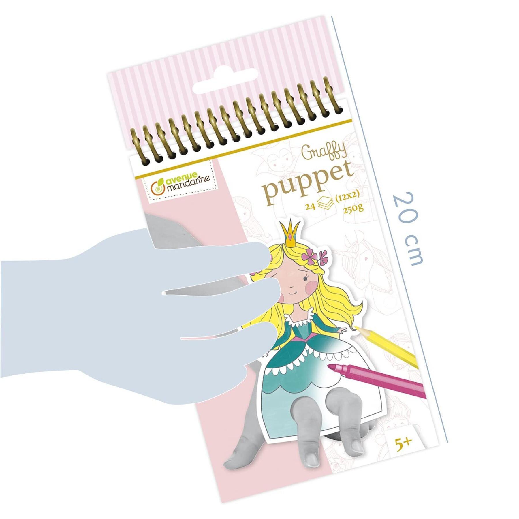 Kleines Heft mit 24 vorgestanzten Fingerpuppen zum Ausmalen Avenue Mandarine Graffy Puppet, Prince et Princesse