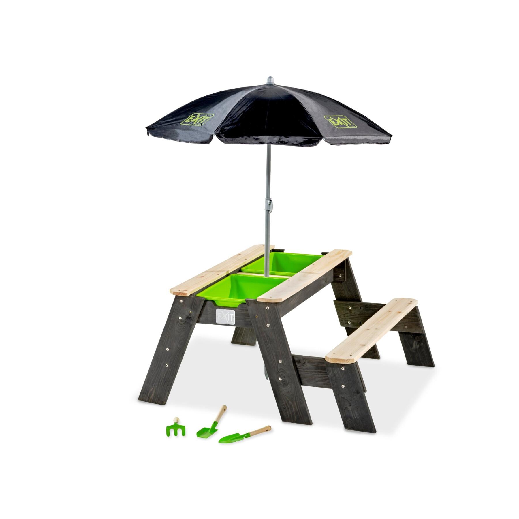 Aktivitätstisch Sand und Wasser, und Picknicktisch (1 Bank) mit Sonnenschirm und Gartengeräten Exit Toys Aksent